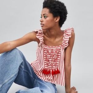Zara tassel red and white stripe top